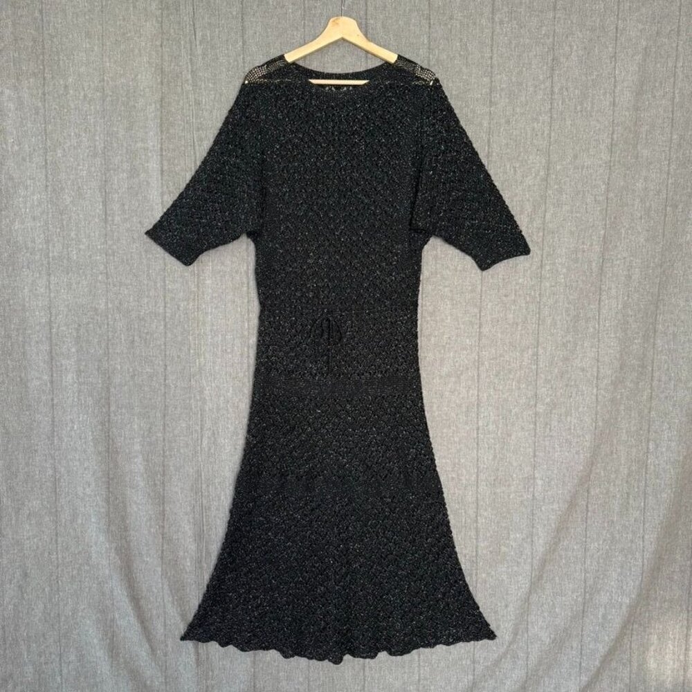 70s Vintage Black Silver Metallic Crochet Short Dolman Sleeve A line Midi Dress